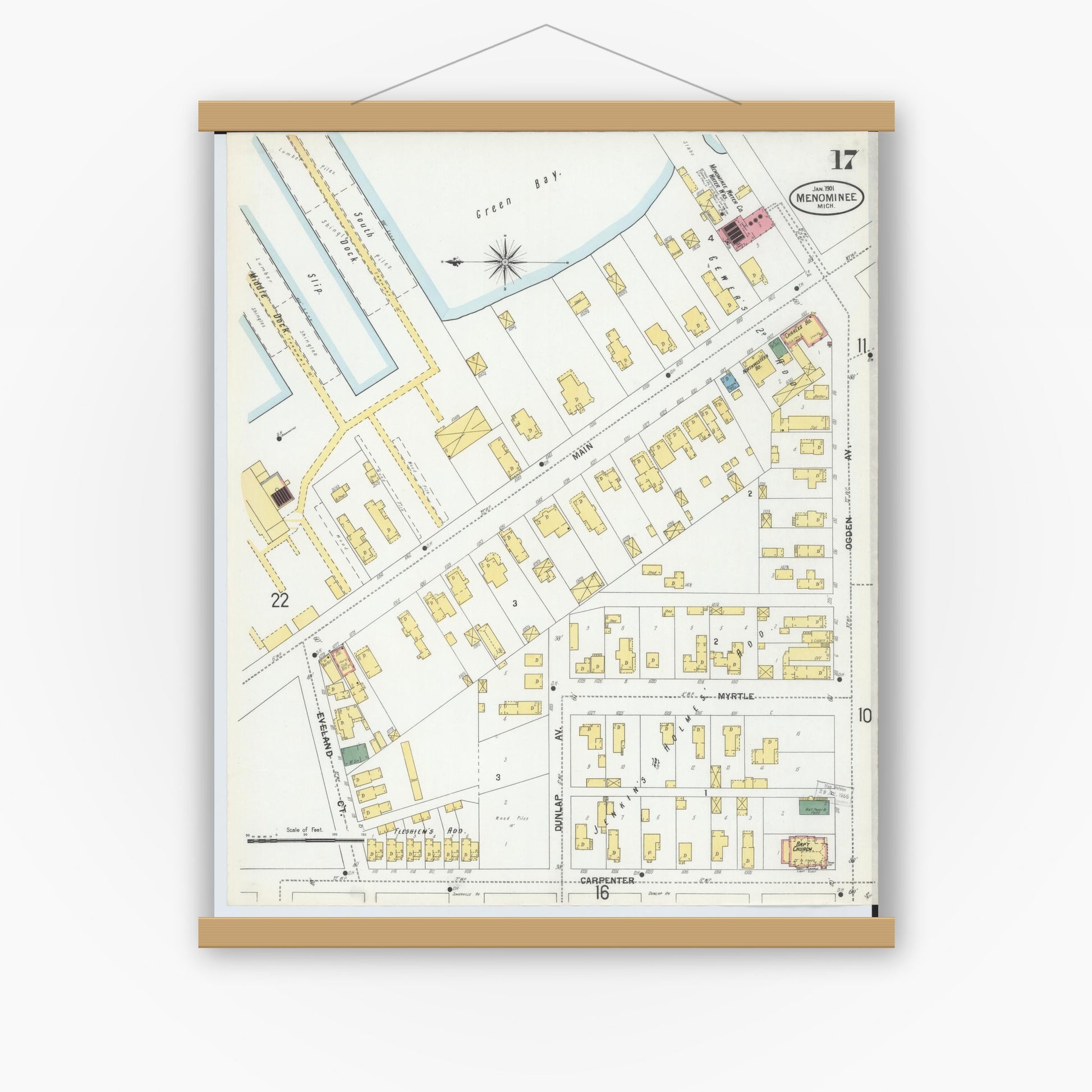 Old map wall art mockup — magnetic wood frame on white wall — Sanborn Fire Insurance Map from Menominee, Menominee County, Michigan (1901), Sheet #0017