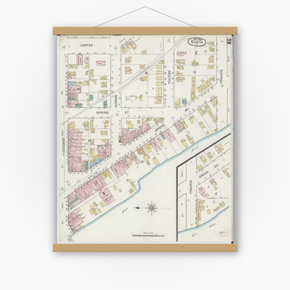 Old map wall art mockup — magnetic wood frame on white wall — Sanborn Fire Insurance Map from Elgin, Kane County, Illinois (1887), Sheet #0002