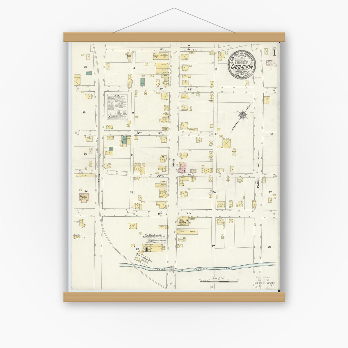 Old map wall art mockup — magnetic wood frame on white wall — Sanborn Fire Insurance Map from Grampian, Clearfield County, Pennsylvania (1910) - Complete Map Set