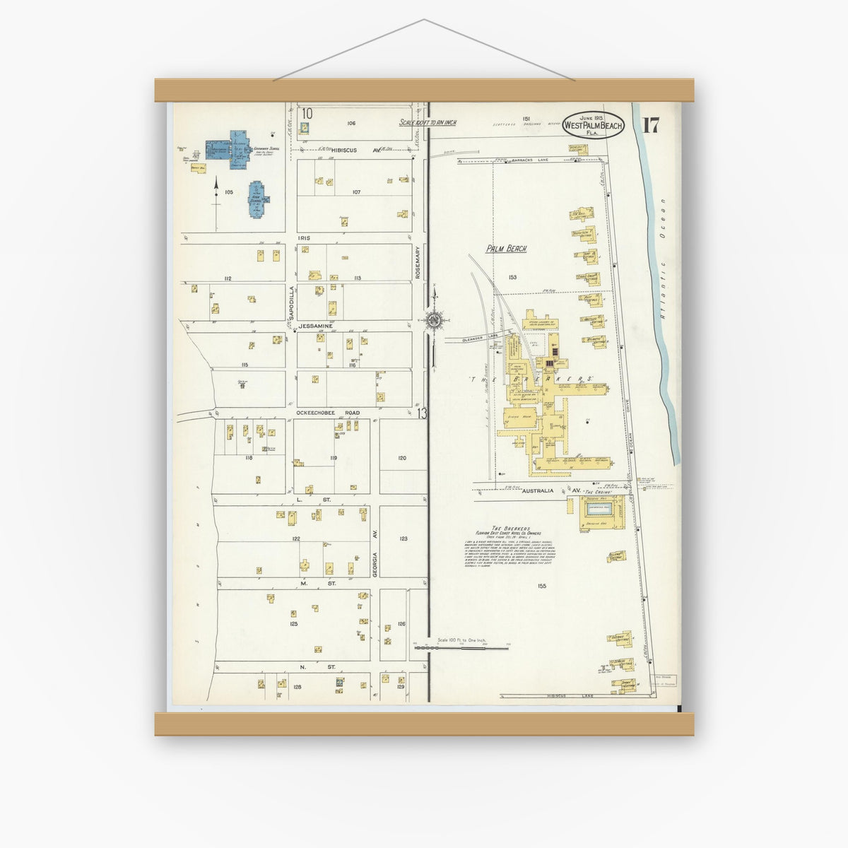 Old map wall art mockup — magnetic wood frame on white wall — Sanborn Fire Insurance Map from West Palm Beach, Dade County, Florida (1915), Sheet #0017