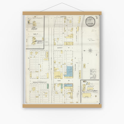 Old map wall art mockup — magnetic wood frame on white wall — Sanborn Fire Insurance Map from Flatonia, Fayette County, Texas (1896), Sheet #0001