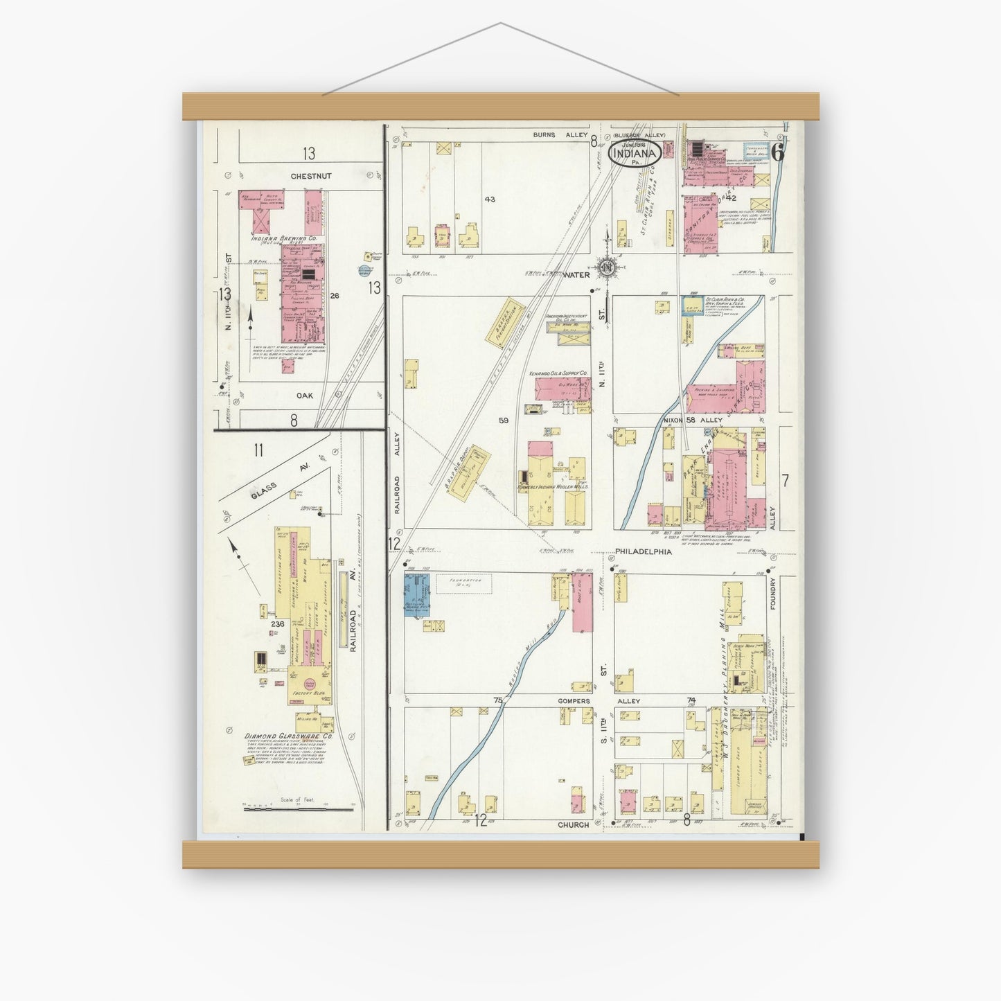Old map wall art mockup — magnetic wood frame on white wall — Sanborn Fire Insurance Map from Indiana, Indiana County, Pennsylvania (1916), Sheet #0006