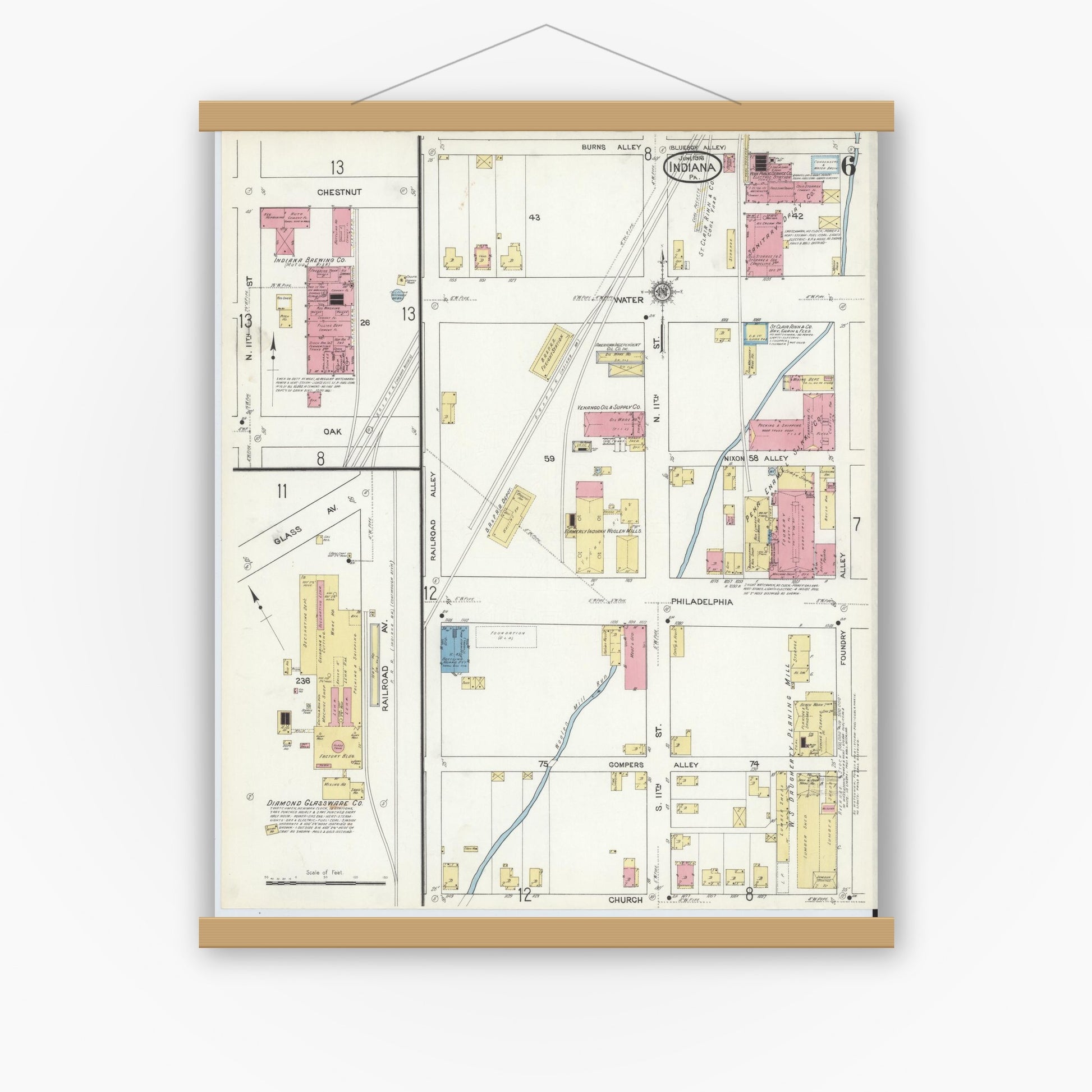 Old map wall art mockup — magnetic wood frame on white wall — Sanborn Fire Insurance Map from Indiana, Indiana County, Pennsylvania (1916), Sheet #0006