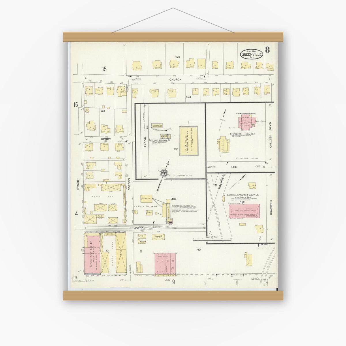 Old map wall art mockup — magnetic wood frame on white wall — Sanborn Fire Insurance Map from Greenville, Hunt County, Texas (1914), Sheet #0008
