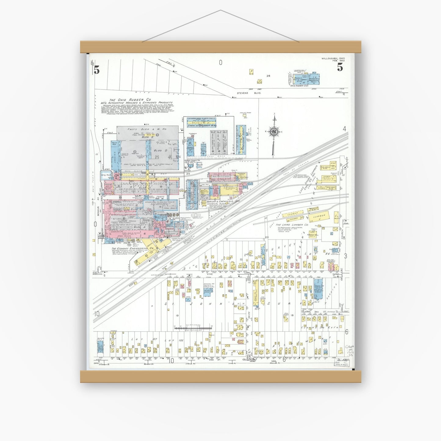 Old map wall art mockup — magnetic wood frame on white wall — Sanborn Fire Insurance Map from Willoughby, Lake County, Ohio (1952), Sheet #0005
