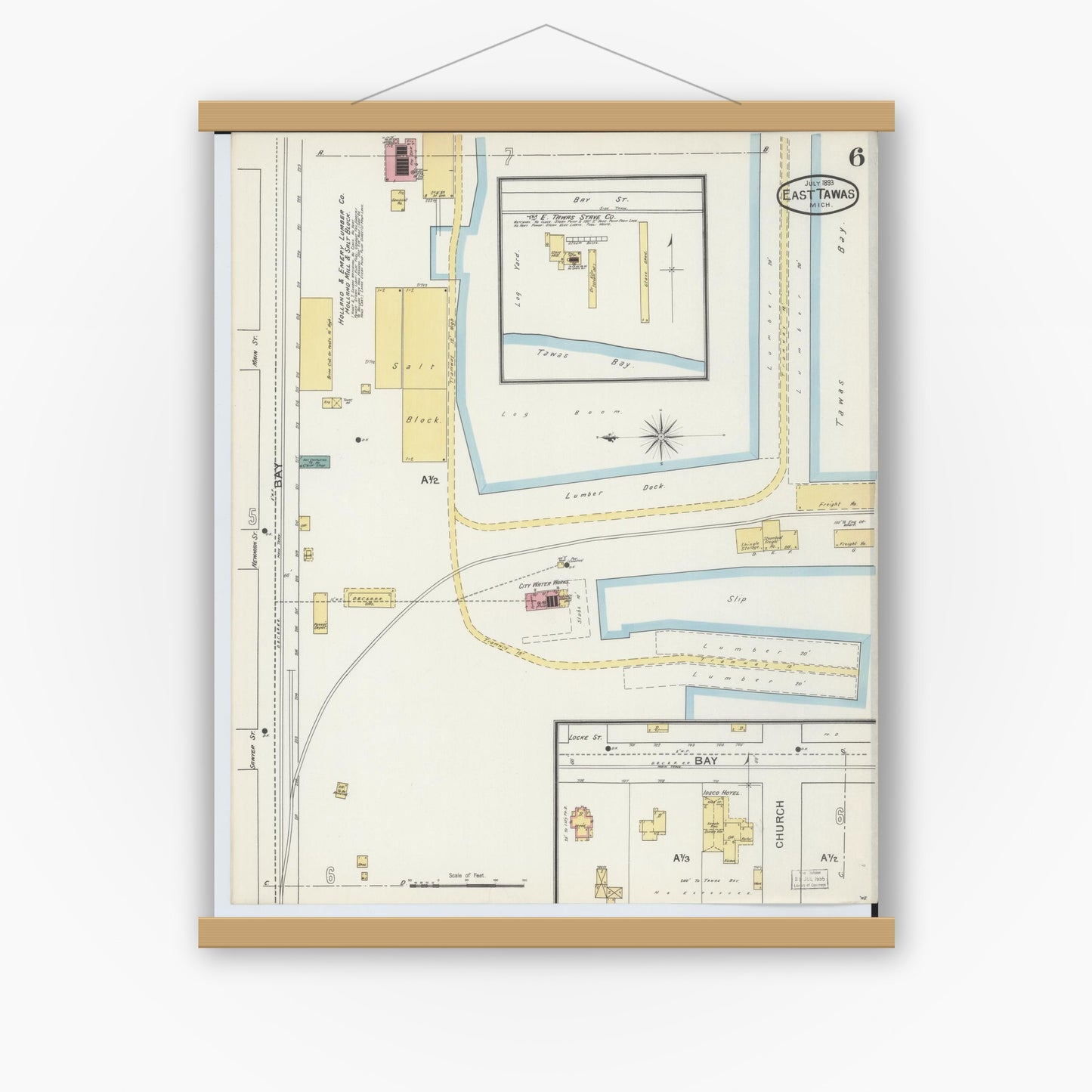 Old map wall art mockup — magnetic wood frame on white wall — Sanborn Fire Insurance Map from East Tawas, Iosco County, Michigan (1893), Sheet #0006