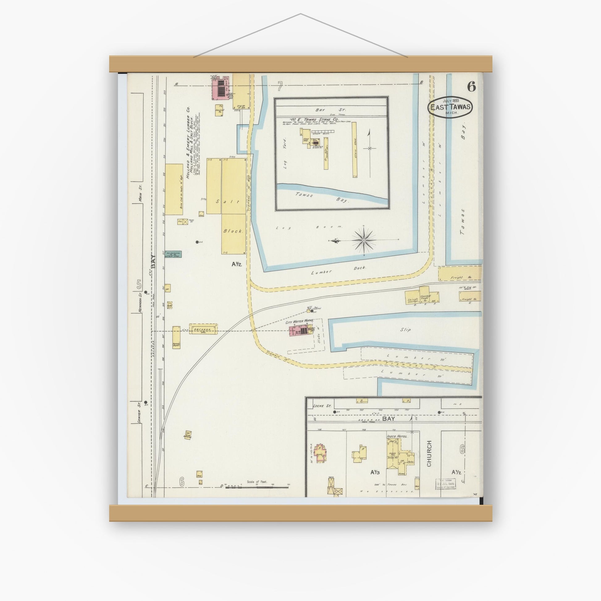 Old map wall art mockup — magnetic wood frame on white wall — Sanborn Fire Insurance Map from East Tawas, Iosco County, Michigan (1893), Sheet #0006