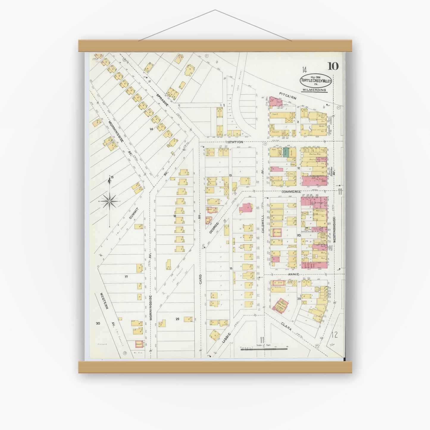 Old map wall art mockup — magnetic wood frame on white wall — Sanborn Fire Insurance Map from Turtle Creek Valley, Allegheny County, Pennsylvania (1906), Sheet #0010