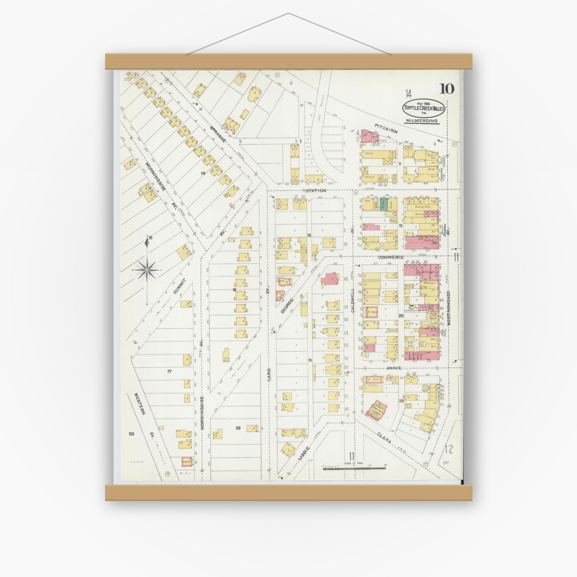 Old map wall art mockup — magnetic wood frame on white wall — Sanborn Fire Insurance Map from Turtle Creek Valley, Allegheny County, Pennsylvania (1906), Sheet #0010