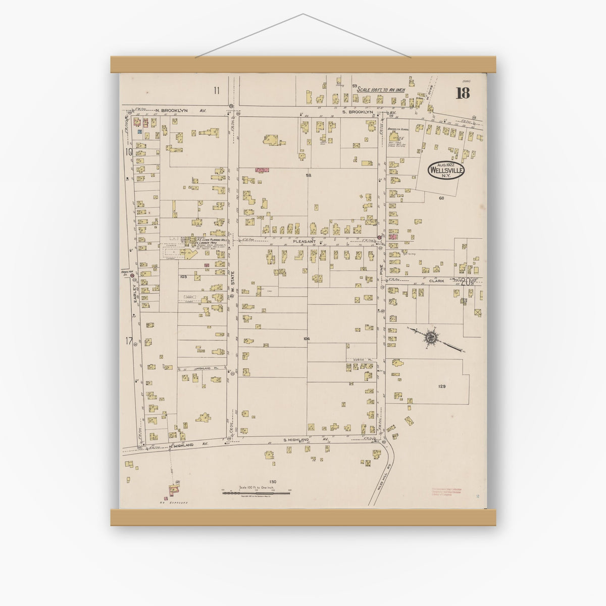 Old map wall art mockup — magnetic wood frame on white wall — Sanborn Fire Insurance Map from Wellsville, Allegany County, New York (1922), Sheet #0018