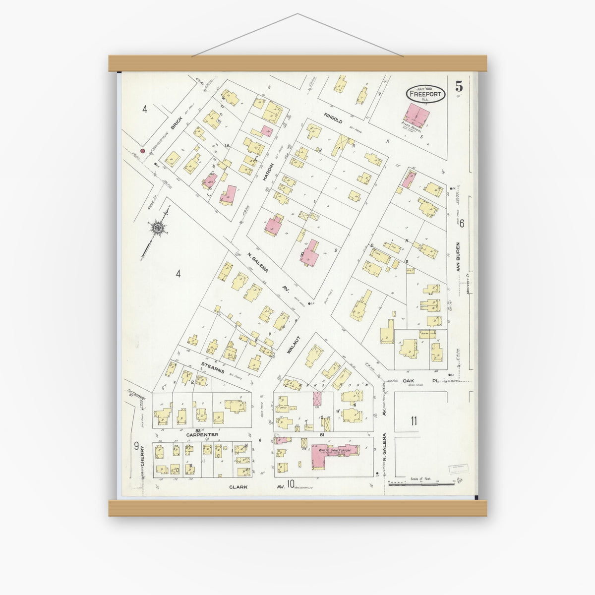 Old map wall art mockup — magnetic wood frame on white wall — Sanborn Fire Insurance Map from Freeport, Stephenson County, Illinois (1910), Sheet #0005