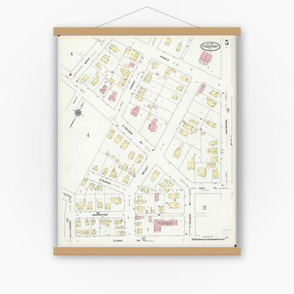 Old map wall art mockup — magnetic wood frame on white wall — Sanborn Fire Insurance Map from Freeport, Stephenson County, Illinois (1910), Sheet #0005