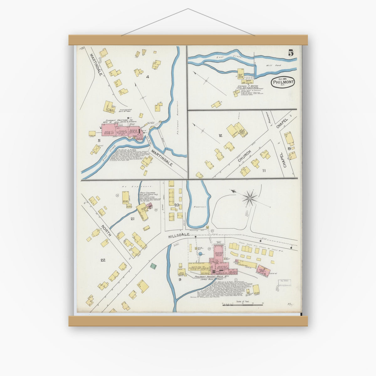 Old map wall art mockup — magnetic wood frame on white wall — Sanborn Fire Insurance Map from Philmont, Columbia County, New York (1892), Sheet #0005