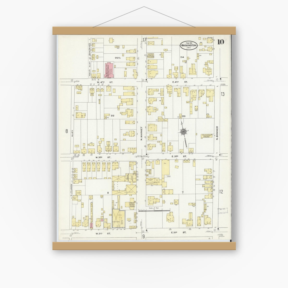 Old map wall art mockup — magnetic wood frame on white wall — Sanborn Fire Insurance Map from Washington, Beaufort County, North Carolina (1911), Sheet #0010