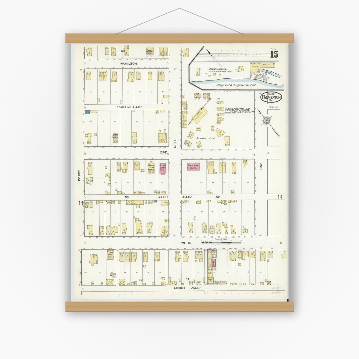 Old map wall art mockup — magnetic wood frame on white wall — Sanborn Fire Insurance Map from Palmerton, Carbon County, Pennsylvania (1921), Sheet #0015