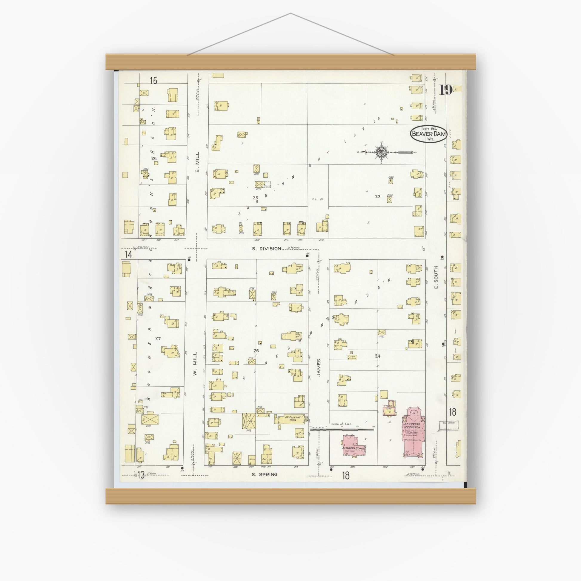 Old map wall art mockup — magnetic wood frame on white wall — Sanborn Fire Insurance Map from Beaver Dam, Dodge County, Wisconsin (1914), Sheet #0019