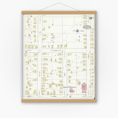 Old map wall art mockup — magnetic wood frame on white wall — Sanborn Fire Insurance Map from Beaver Dam, Dodge County, Wisconsin (1914), Sheet #0019