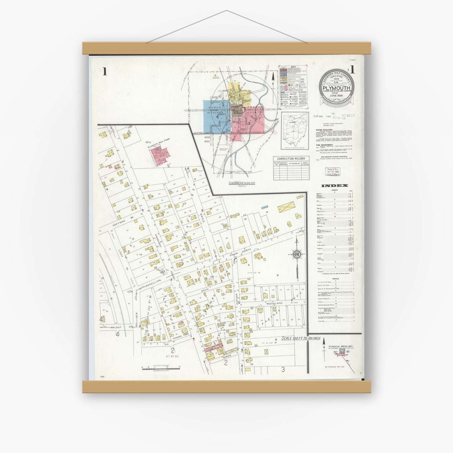 Old map wall art mockup — magnetic wood frame on white wall — Sanborn Fire Insurance Map from Plymouth, Huron And Richland Counties, Ohio (1938), Sheet #0001