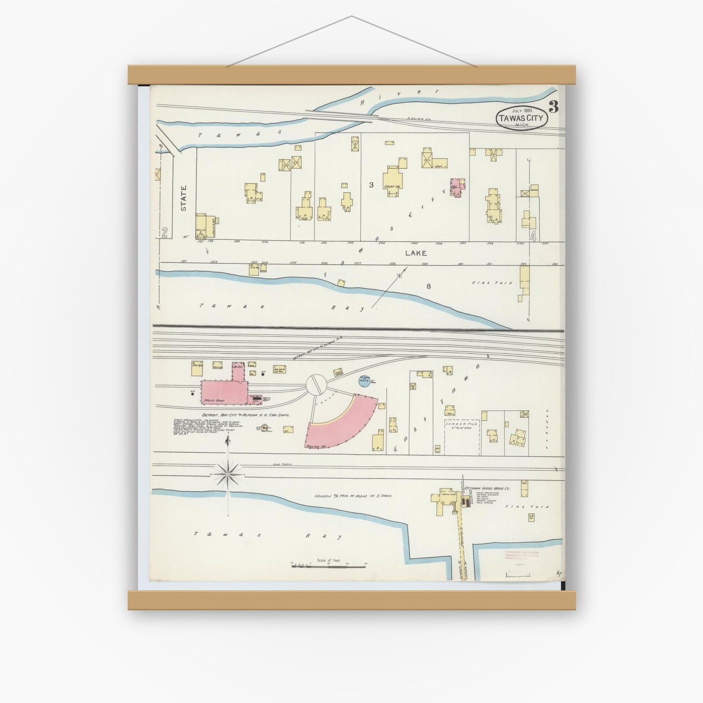 Old map wall art mockup — magnetic wood frame on white wall — Sanborn Fire Insurance Map from East Tawas, Iosco County, Michigan (1893), Sheet #0003