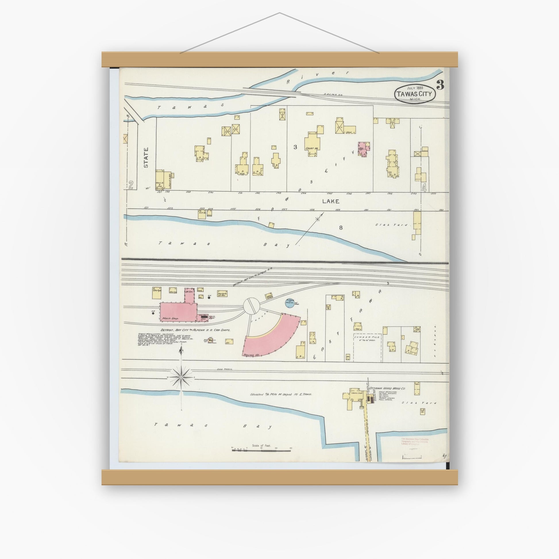 Old map wall art mockup — magnetic wood frame on white wall — Sanborn Fire Insurance Map from East Tawas, Iosco County, Michigan (1893), Sheet #0003