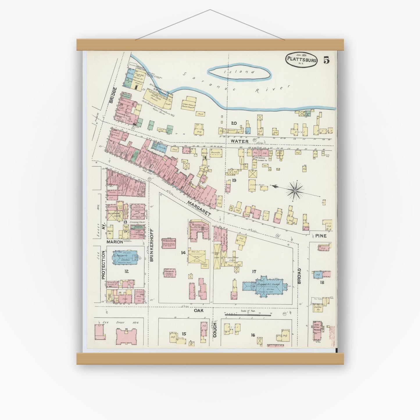 Old map wall art mockup — magnetic wood frame on white wall — Sanborn Fire Insurance Map from Plattsburg, Clinton County, New York (1891), Sheet #0005