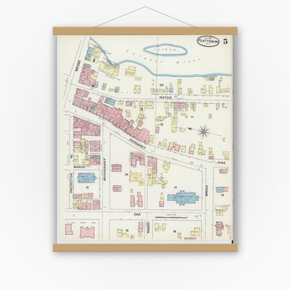 Old map wall art mockup — magnetic wood frame on white wall — Sanborn Fire Insurance Map from Plattsburg, Clinton County, New York (1891), Sheet #0005