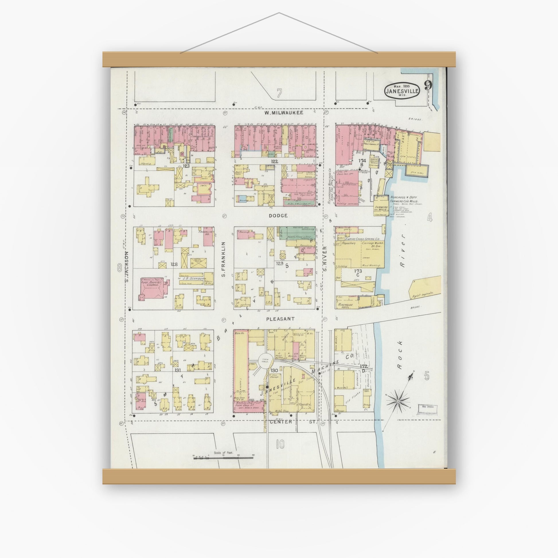 Old map wall art mockup — magnetic wood frame on white wall — Sanborn Fire Insurance Map from Janesville, Rock County, Wisconsin (1895), Sheet #0009