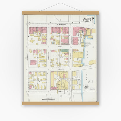 Old map wall art mockup — magnetic wood frame on white wall — Sanborn Fire Insurance Map from Janesville, Rock County, Wisconsin (1895), Sheet #0009