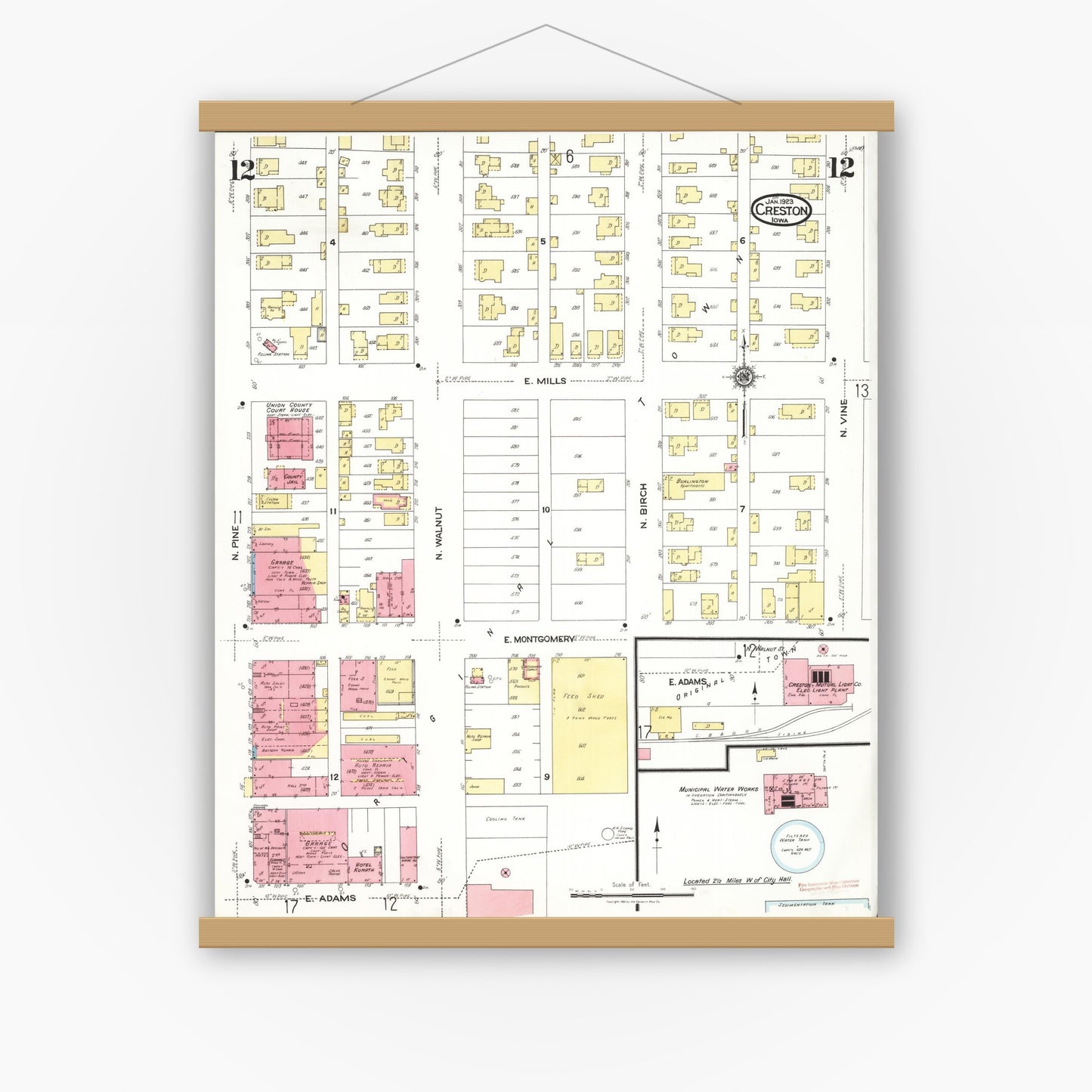Old map wall art mockup — magnetic wood frame on white wall — Sanborn Fire Insurance Map from Creston, Union County, Iowa (1923), Sheet #0012