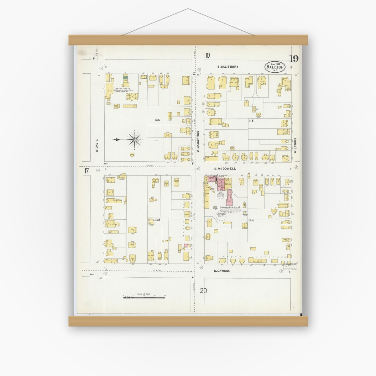 Old map wall art mockup — magnetic wood frame on white wall — Sanborn Fire Insurance Map from Raleigh, Wake County, North Carolina (1903), Sheet #0019