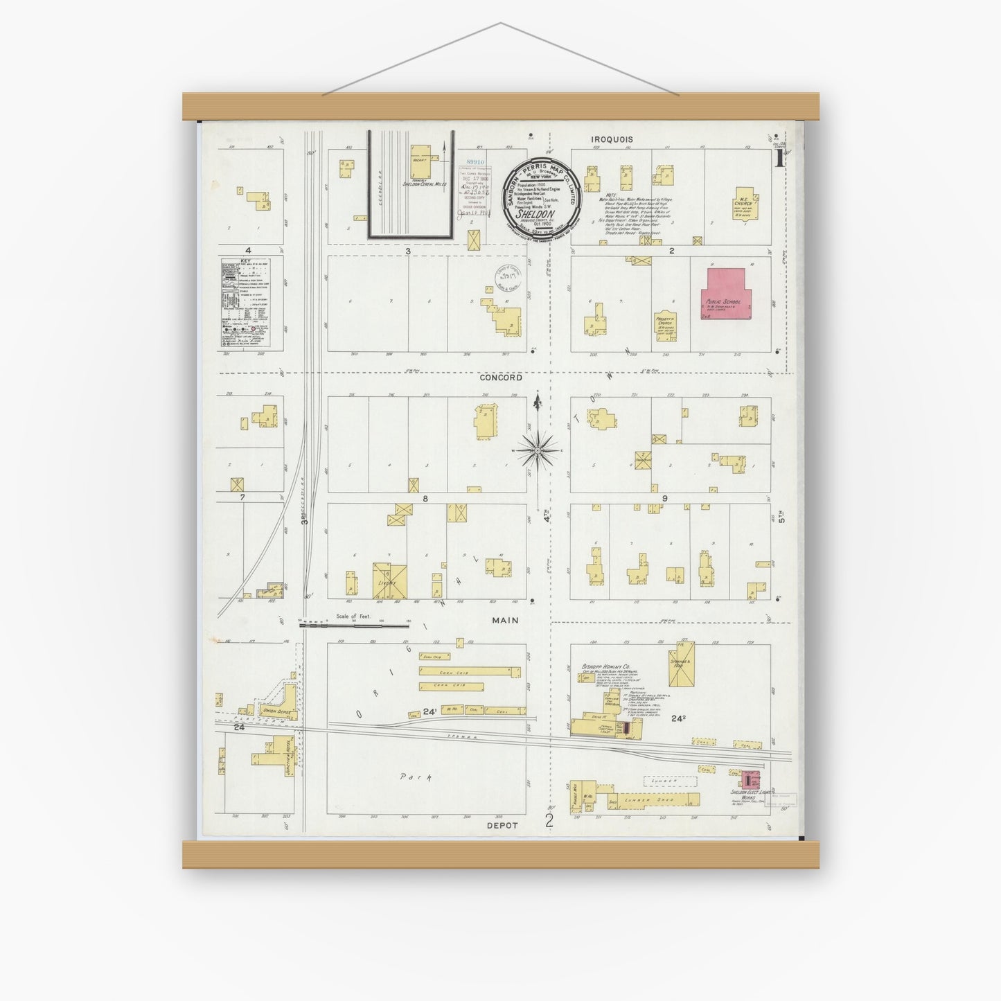 Old map wall art mockup — magnetic wood frame on white wall — Sanborn Fire Insurance Map from Sheldon, Iroquois County, Illinois (1900) - Complete Map Set