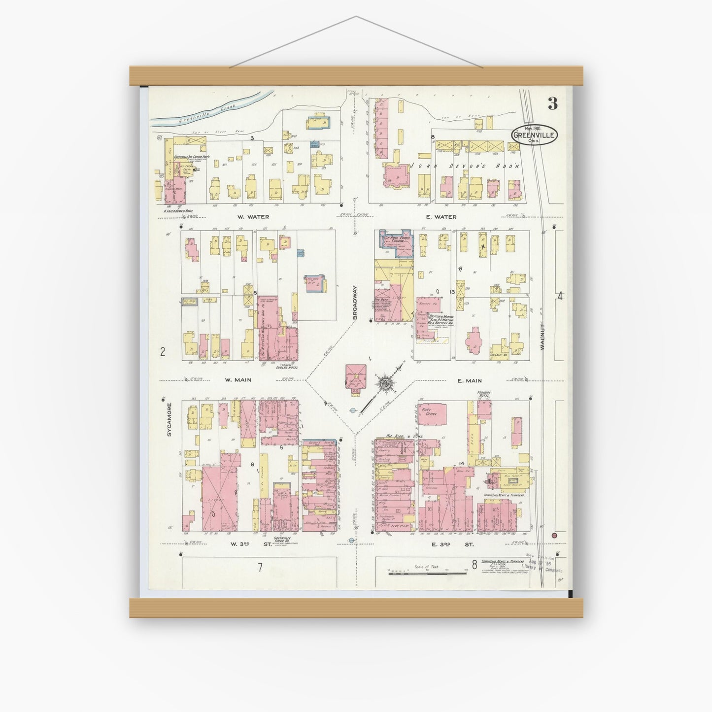 Old map wall art mockup — magnetic wood frame on white wall — Sanborn Fire Insurance Map from Greenville, Darke County, Ohio (1910), Sheet #0003