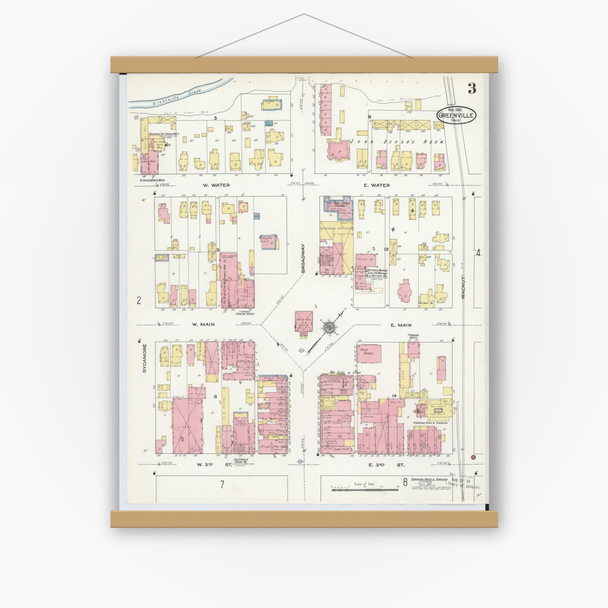 Old map wall art mockup — magnetic wood frame on white wall — Sanborn Fire Insurance Map from Greenville, Darke County, Ohio (1910), Sheet #0003