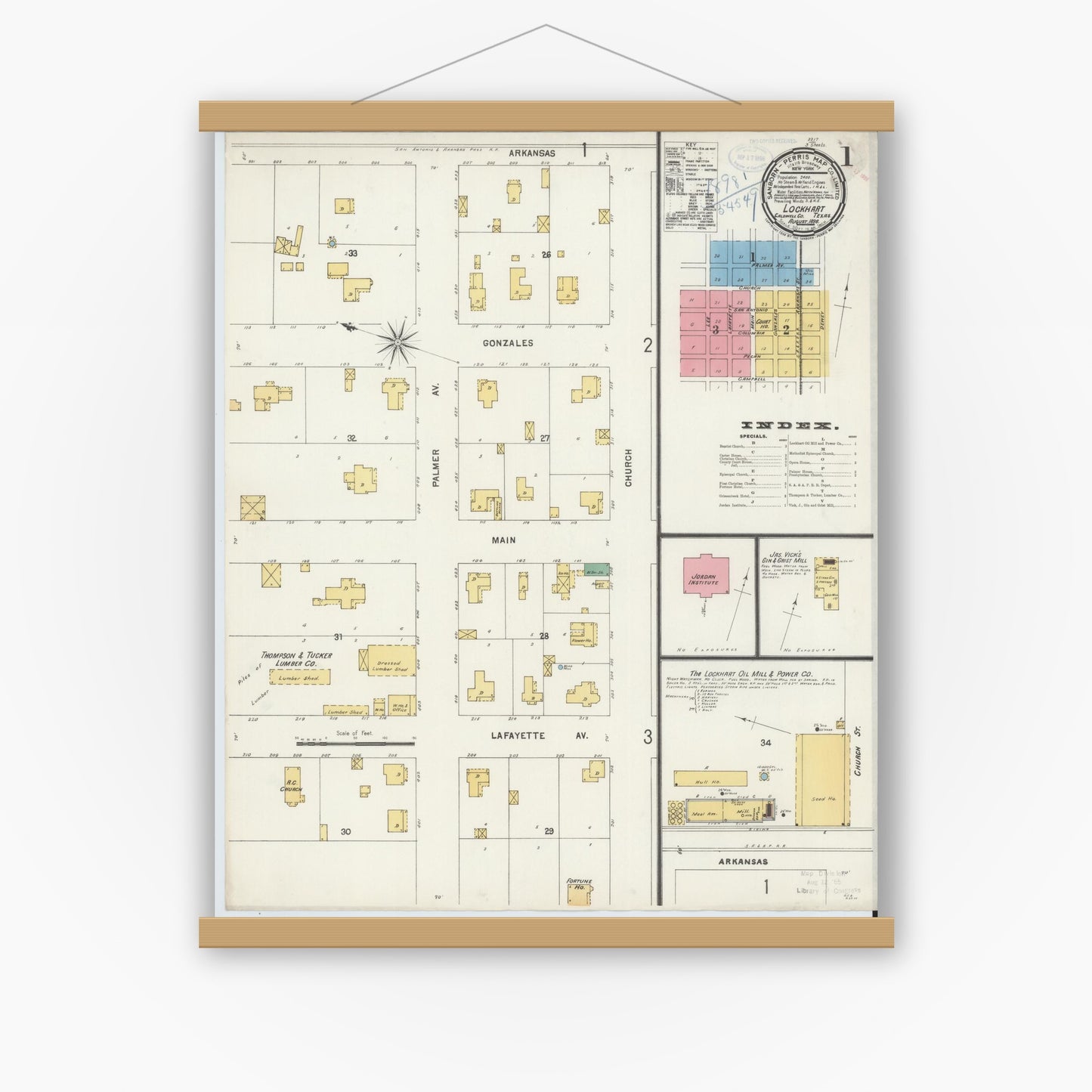 Old map wall art mockup — magnetic wood frame on white wall — Sanborn Fire Insurance Map from Lockhart, Caldwell County, Texas (1898), Sheet #0001