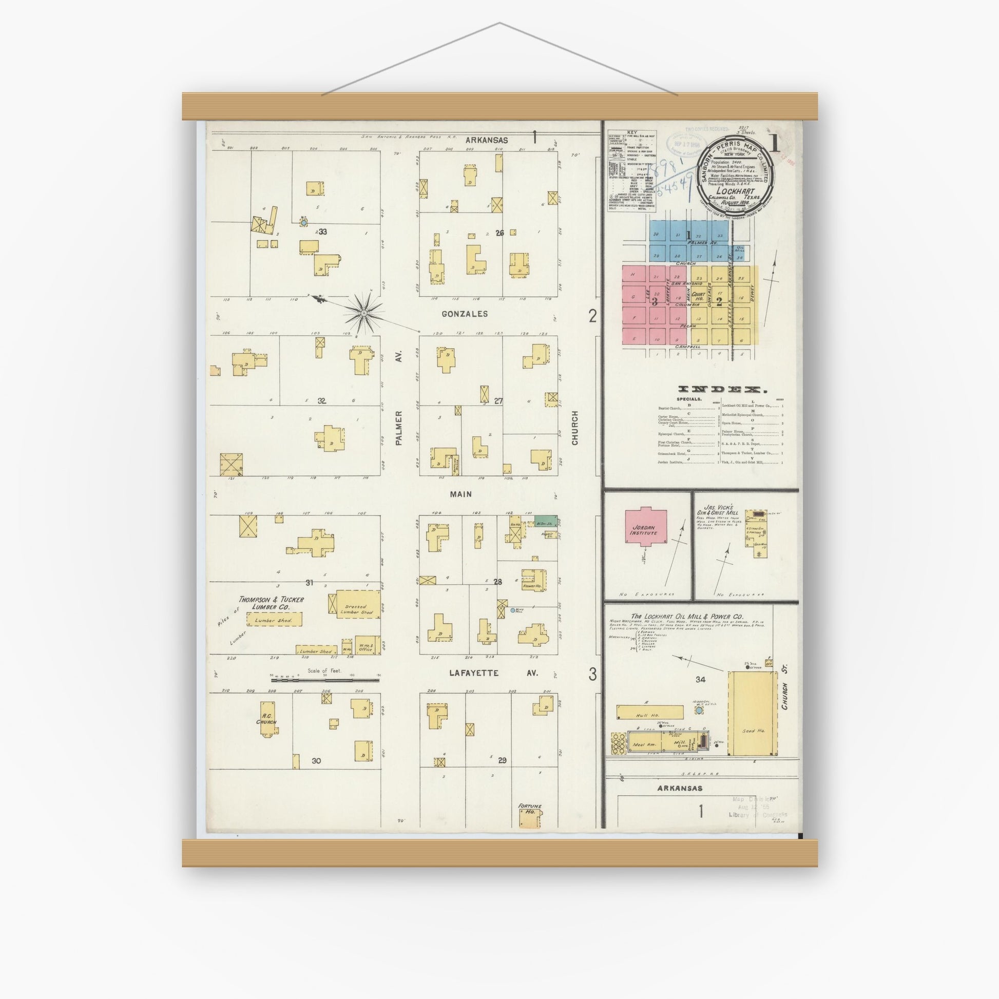 Old map wall art mockup — magnetic wood frame on white wall — Sanborn Fire Insurance Map from Lockhart, Caldwell County, Texas (1898), Sheet #0001