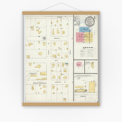 Old map wall art mockup — magnetic wood frame on white wall — Sanborn Fire Insurance Map from Lockhart, Caldwell County, Texas (1898), Sheet #0001