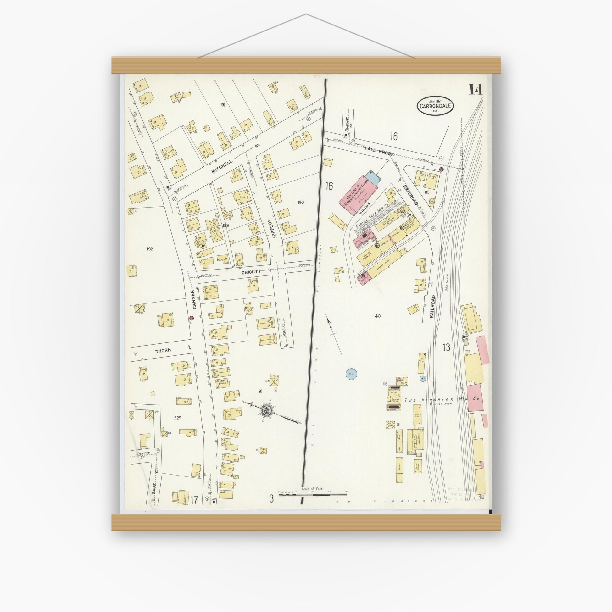 Old map wall art mockup — magnetic wood frame on white wall — Sanborn Fire Insurance Map from Carbondale, Lackawanna County, Pennsylvania (1912), Sheet #0014