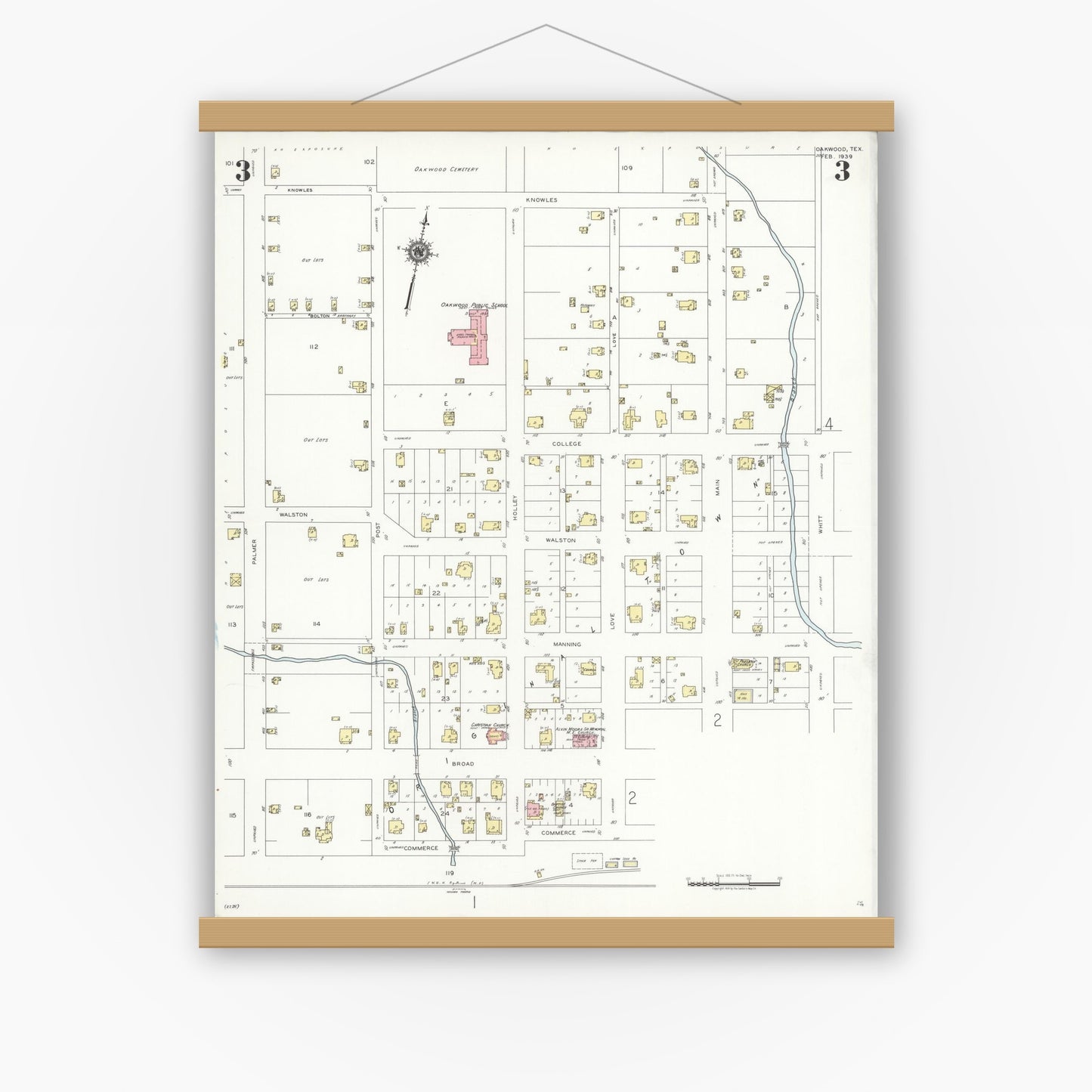 Old map wall art mockup — magnetic wood frame on white wall — Sanborn Fire Insurance Map from Oakwood, Leon County, Texas (1939), Sheet #0003