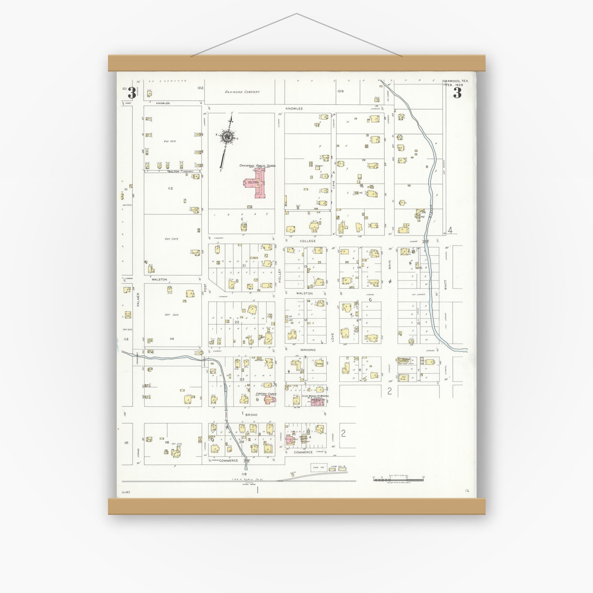 Old map wall art mockup — magnetic wood frame on white wall — Sanborn Fire Insurance Map from Oakwood, Leon County, Texas (1939), Sheet #0003