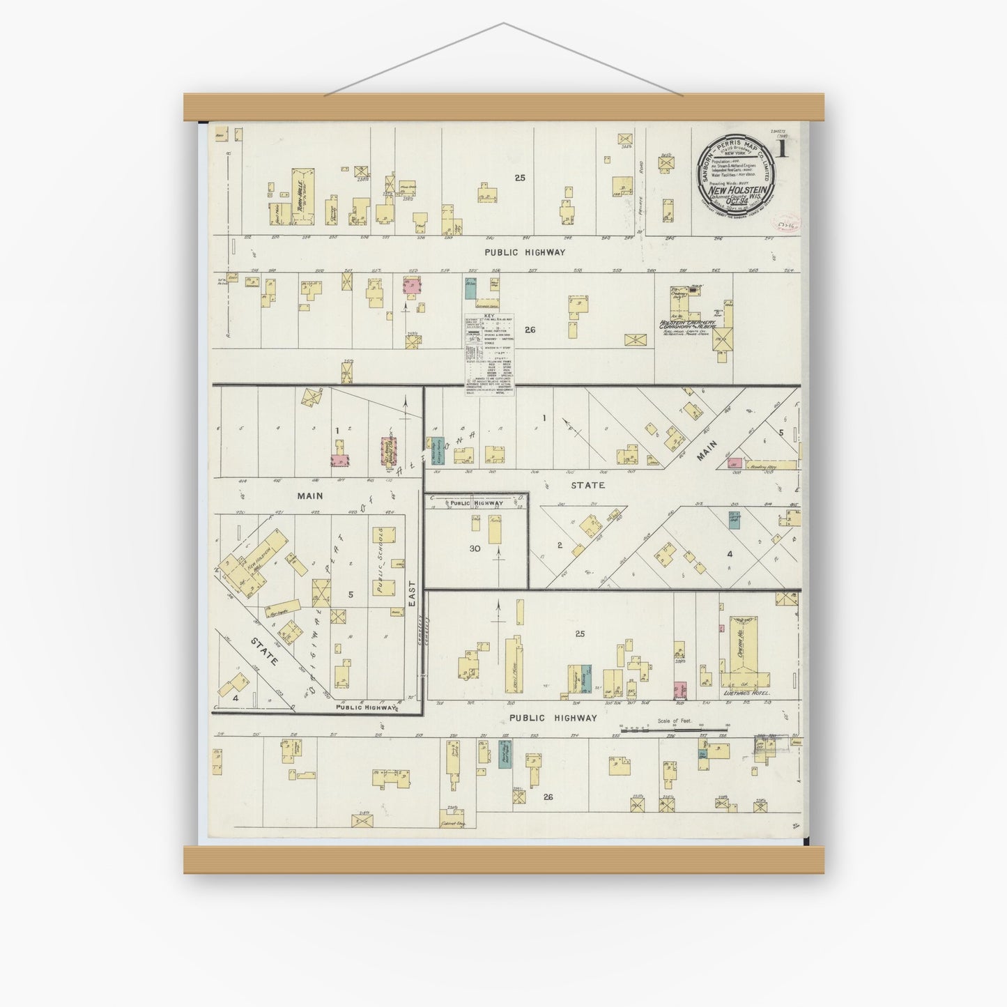 Old map wall art mockup — magnetic wood frame on white wall — Sanborn Fire Insurance Map from New Holstein, Calumet County, Wisconsin (1894), Sheet #0001