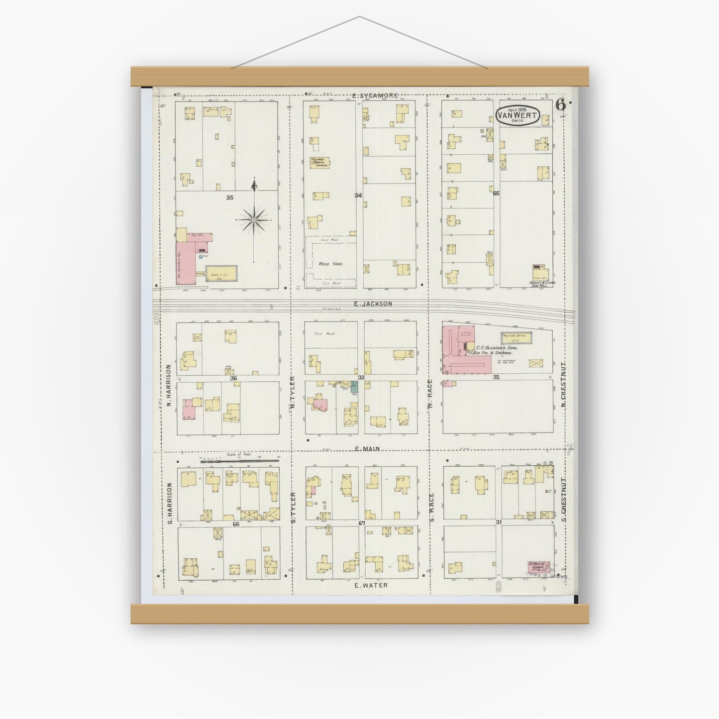 Old map wall art mockup — magnetic wood frame on white wall — Sanborn Fire Insurance Map from Van Wert, Van Wert County, Ohio (1895), Sheet #0006