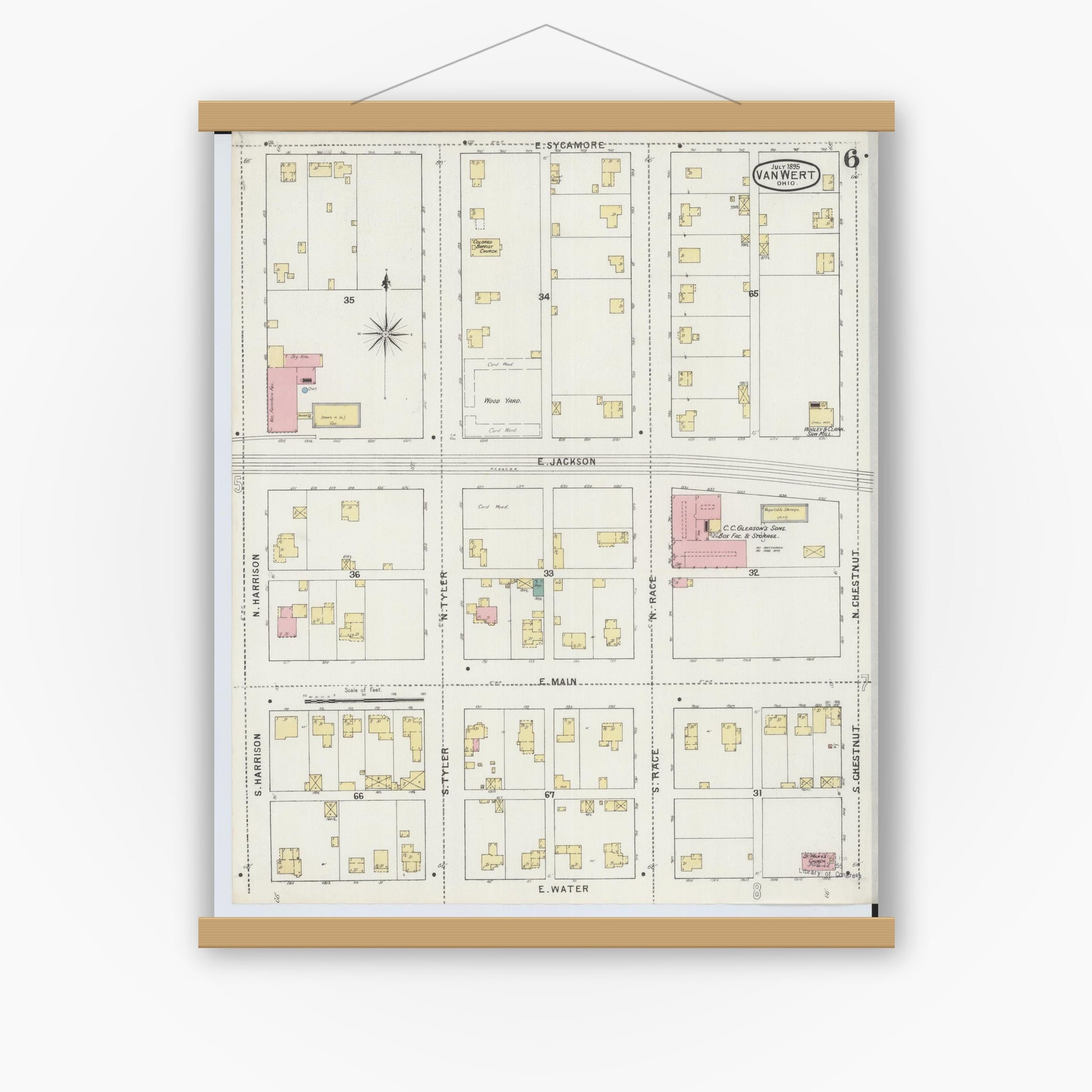 Old map wall art mockup — magnetic wood frame on white wall — Sanborn Fire Insurance Map from Van Wert, Van Wert County, Ohio (1895), Sheet #0006