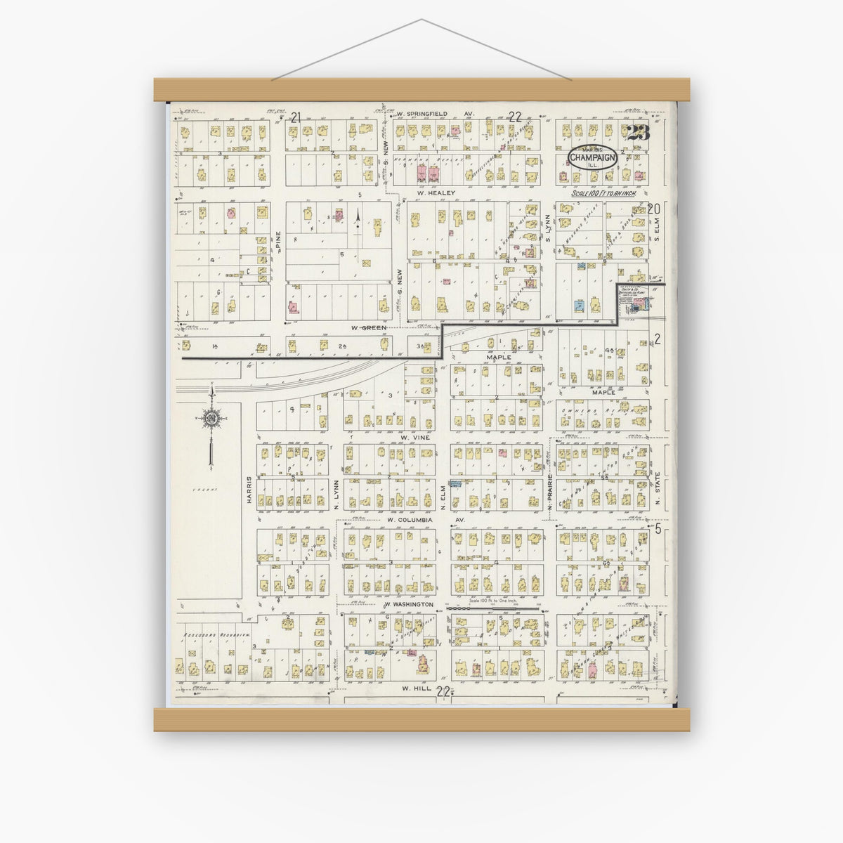 Old map wall art mockup — magnetic wood frame on white wall — Sanborn Fire Insurance Map from Champaign, Champaign County, Illinois (1915), Sheet #0023