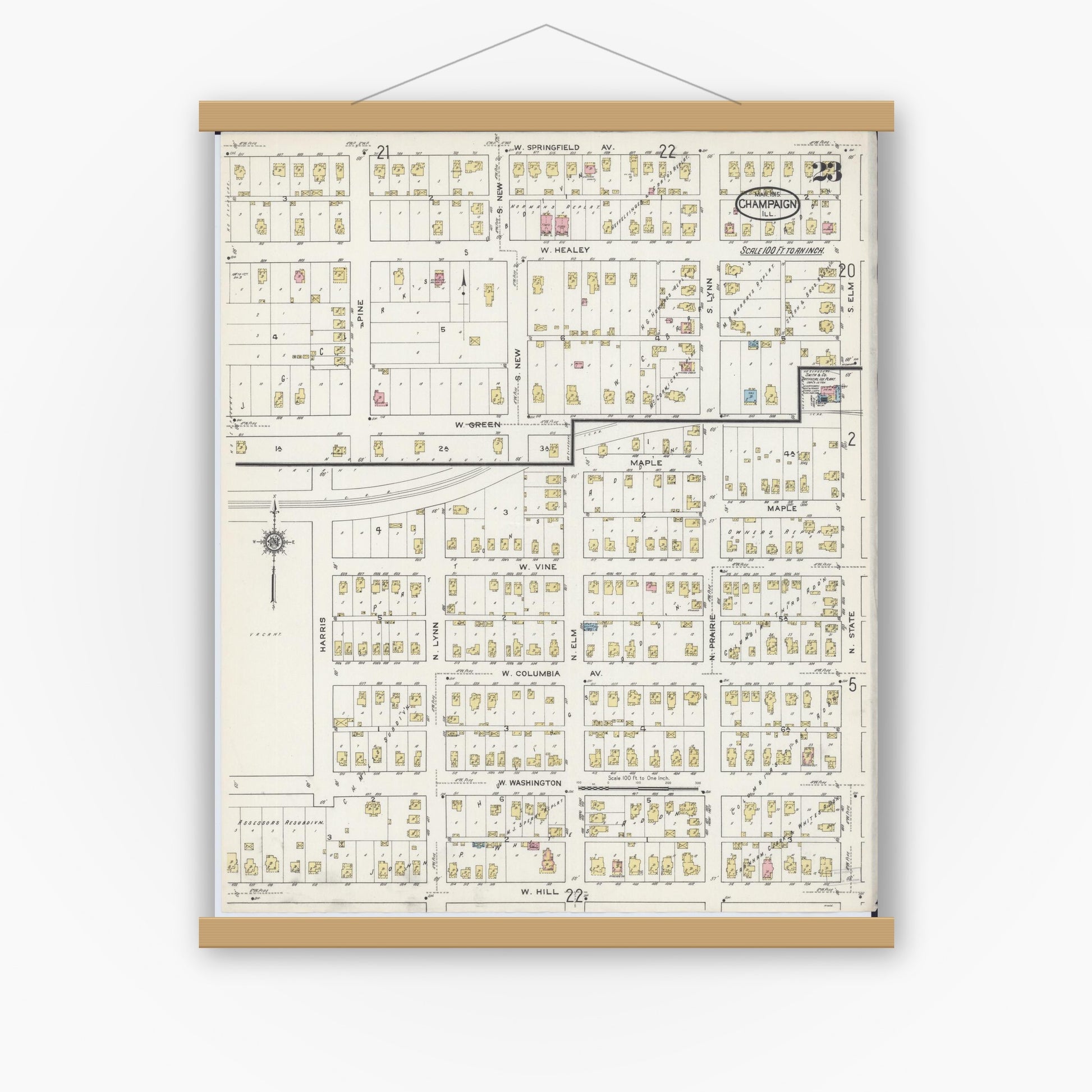 Old map wall art mockup — magnetic wood frame on white wall — Sanborn Fire Insurance Map from Champaign, Champaign County, Illinois (1915), Sheet #0023
