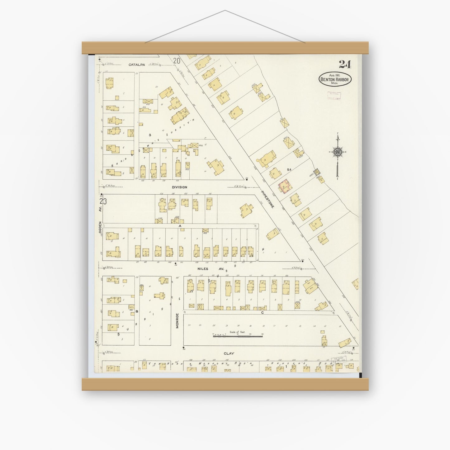 Old map wall art mockup — magnetic wood frame on white wall — Sanborn Fire Insurance Map from Benton Harbor, Berrien County, Michigan (1911), Sheet #0024