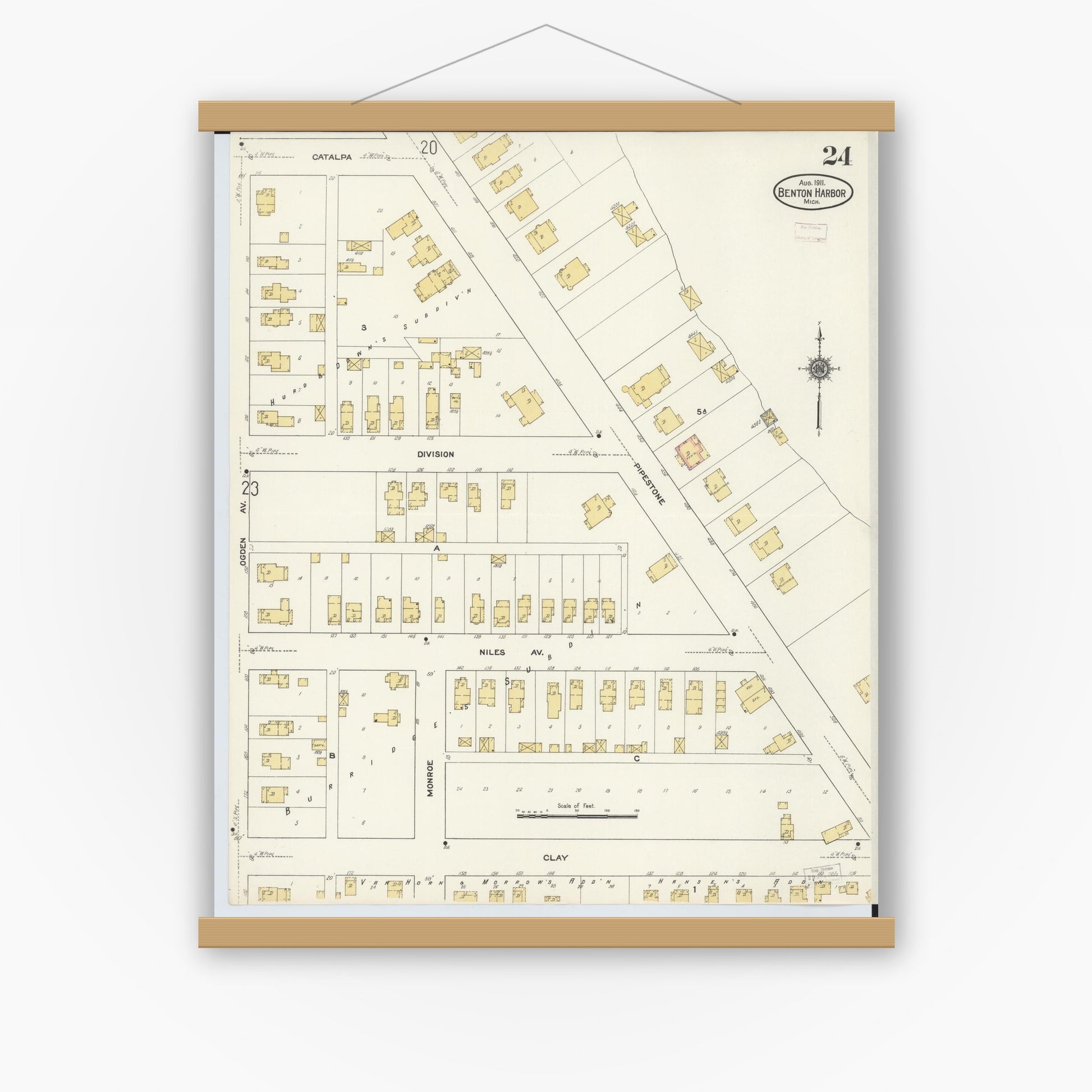 Old map wall art mockup — magnetic wood frame on white wall — Sanborn Fire Insurance Map from Benton Harbor, Berrien County, Michigan (1911), Sheet #0024
