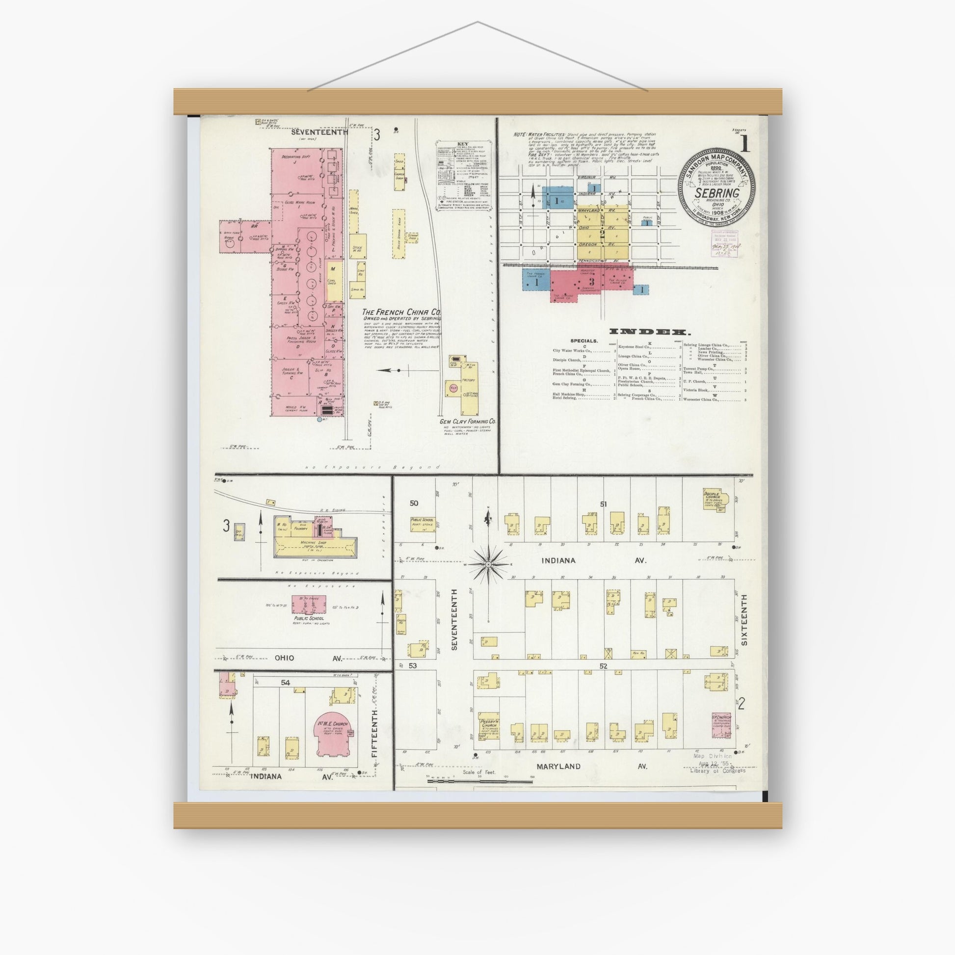 Old map wall art mockup — magnetic wood frame on white wall — Sanborn Fire Insurance Map from Sebring, Mahoning County, Ohio (1908) - Complete Map Set