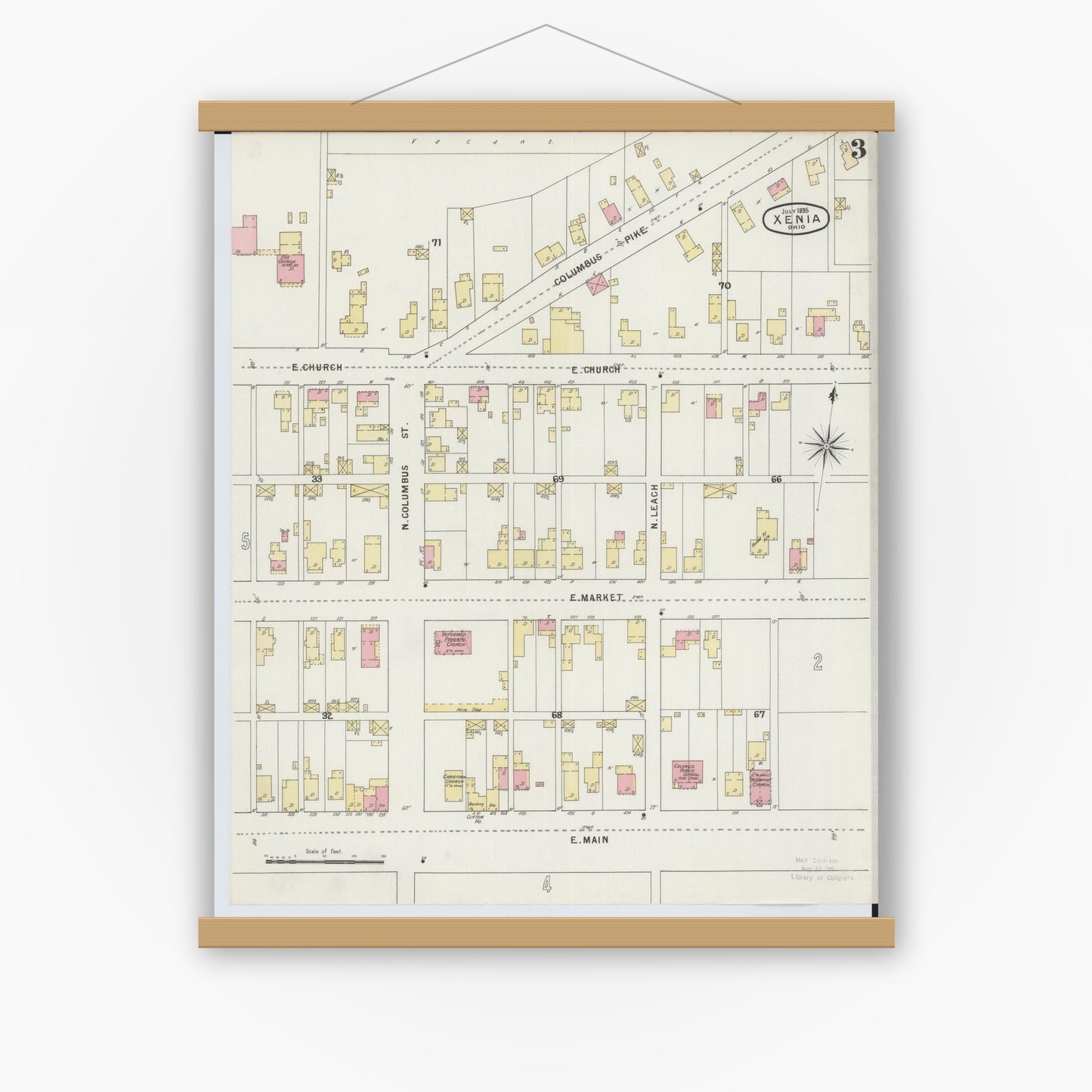 Old map wall art mockup — magnetic wood frame on white wall — Sanborn Fire Insurance Map from Xenia, Greene County, Ohio (1895), Sheet #0003