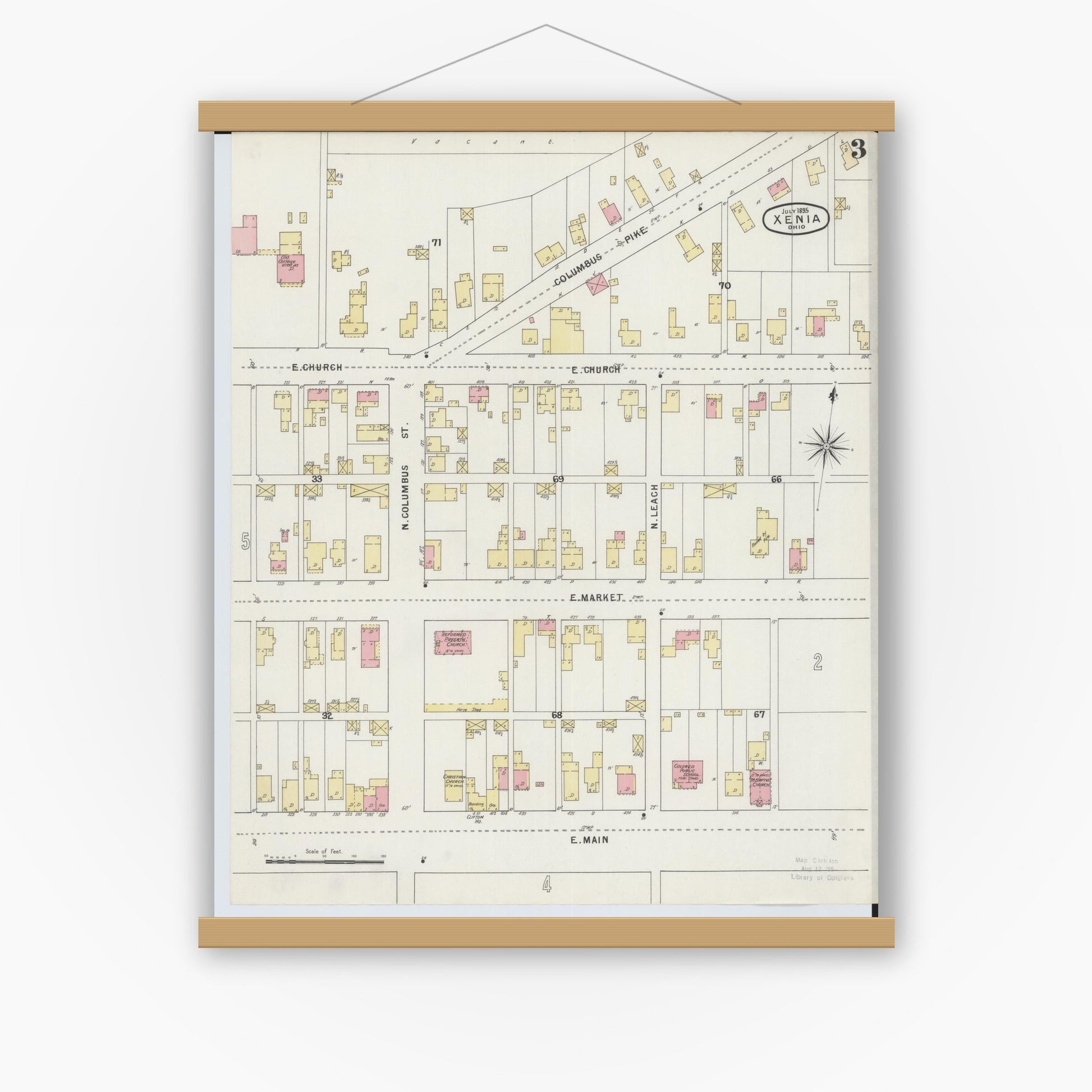 Old map wall art mockup — magnetic wood frame on white wall — Sanborn Fire Insurance Map from Xenia, Greene County, Ohio (1895), Sheet #0003