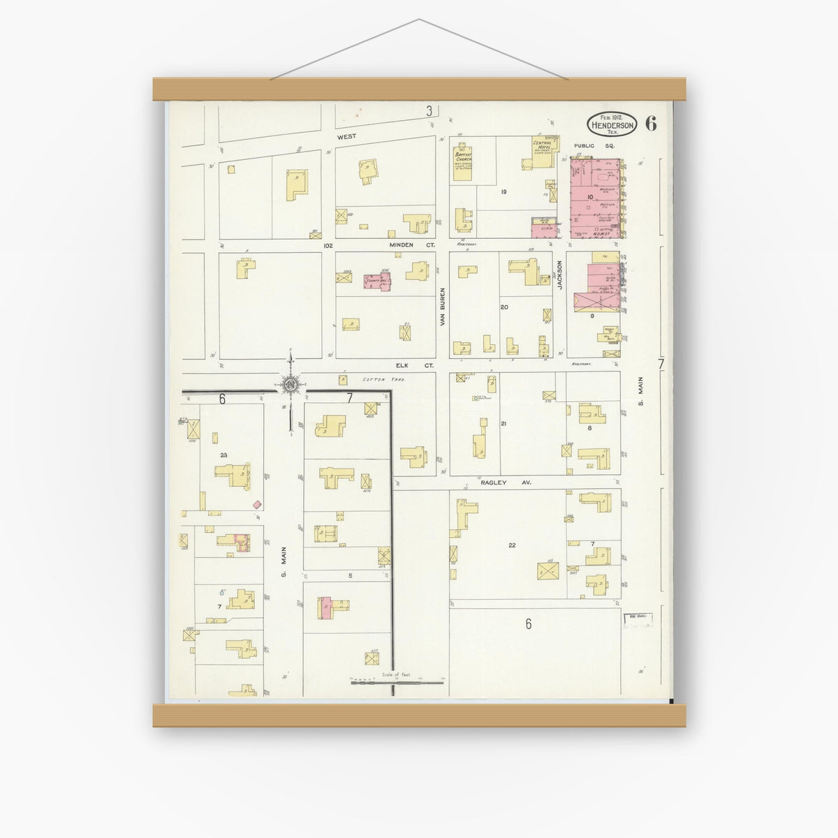 Old map wall art mockup — magnetic wood frame on white wall — Sanborn Fire Insurance Map from Henderson, Rusk County, Texas (1912), Sheet #0006